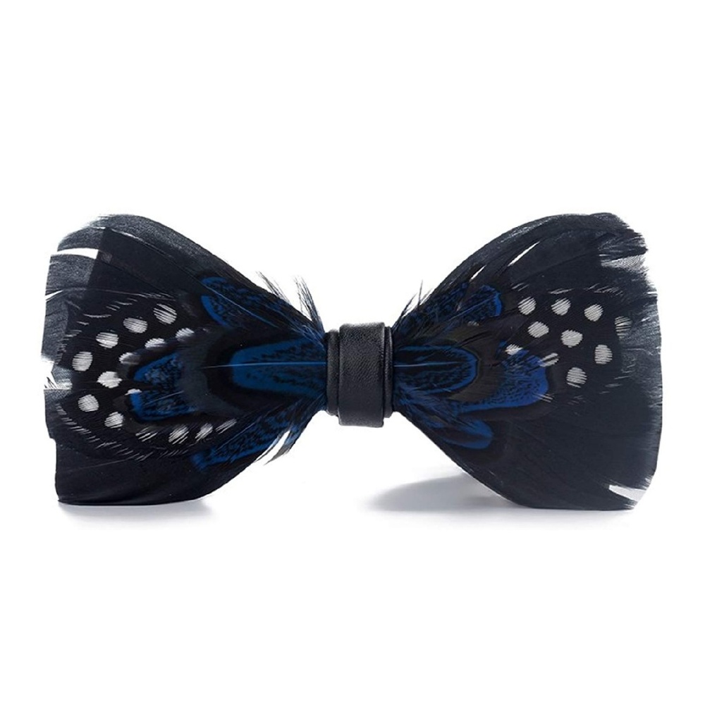 Mens Natural Feather Pre-Tied Bow Tie Black Blue